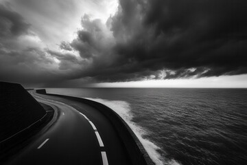 Winding road meets stormy sea. Dramatic coastal highway curves towards a turbulent ocean under a menacing sky