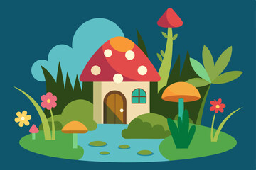Fototapeta premium A vibrant cartoon fairy tale house, nestled in a summer forest landscape with a mushroom and umbrella, under a whimsical sky, designed as a charming vector illustration