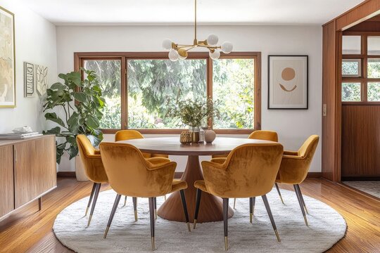 Mid-century modern dining room with round table, mustard velvet chairs, brass chandelier, wood floor, and natural light from large window