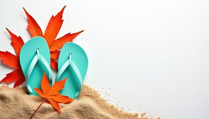 Vibrant Autumn Scene with Flip Flops and Maple Leaves on Soft Sand Background