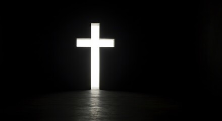 Fototapeta premium Glowing Christian cross shaped hole in dark empty room. Faith, Religion and symbolic concept
