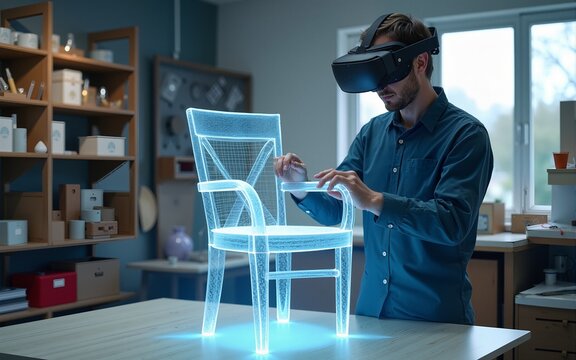 Modern workshop: Professional craftsman or designer in AR headset assembles chair in virtual space using software with AI-based user interface. 3D rendering of holographic furniture. Augmented reality