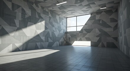 Minimalist auditorium interior featuring geometric patterns on the walls and ceiling. Large window allows natural light to flood the sleek, tiled floor, creating a serene atmosphere.