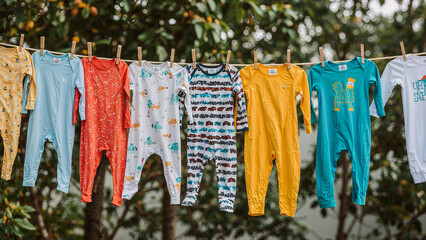 Vibrant baby clothes drying on a sunny clothesline