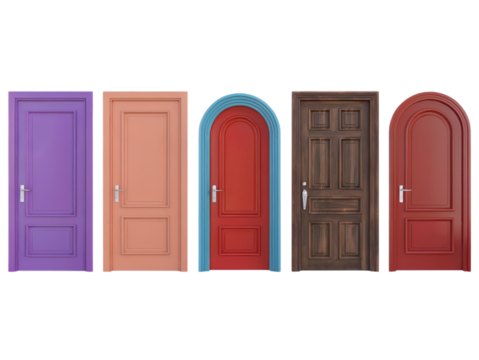 Collection of colorful modern interior doors design 3d red wood on transparent background