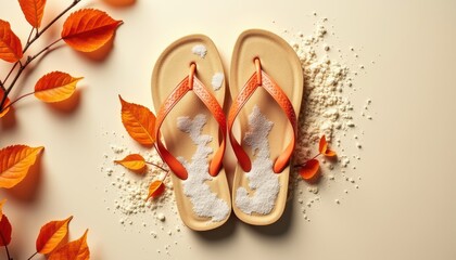 Vibrant Flip Flops on Sand with Colorful Autumn Leaves and Beach Vibes for Relaxation Scene