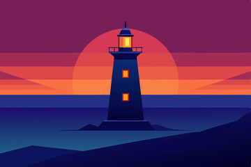 A lone lighthouse casts its beacon across the night sea under a vast sky, a guiding light on the coastline