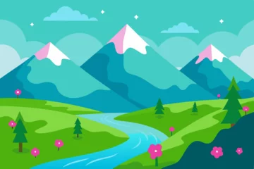 Fotobehang Summer mountain landscape with green hills, trees, and a blue sky with clouds © Tuli