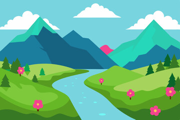 Obraz premium Summer landscape with green mountains, blue sky, and a bright sun