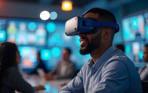 Afro-american man wearing VR goggles at online business meeting in meta universe cyberspace talking with colleagues over video conference, holographic windows in front of him. High quality