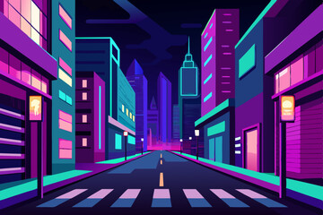 Cityscape at Dusk: An animated illustration of a vibrant city street at dusk, illuminated by neon lights, conveying a sense of urban energy and futuristic aesthetic.