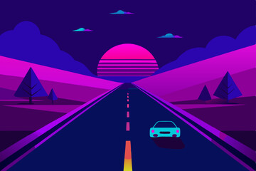 Neon Highway: A vibrant illustration of a car journey on a highway bathed in neon colors, with a retro aesthetic. Capturing the essence of a vivid trip under a striking sunset.