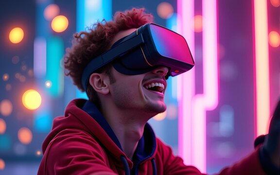 Crypto Gamer in the Metaverse: A young man, illuminated by neon lights, grins in delight as he navigates the metaverse with VR goggles, surrounded by shimmering Bitcoin symbols, embodying the thrill o