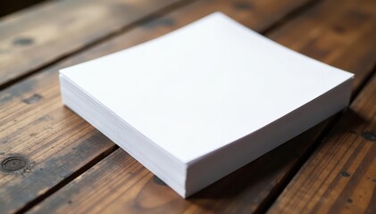 Fototapeta premium Neat stack of blank brochure paper sheets on rustic wooden surface, brochure, woodgrain, wooden