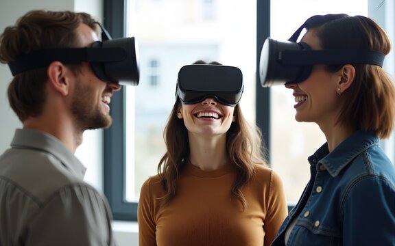 group of millennial male and female multiethnic using vr goggle to test metaverse meeting system cheerful and smiling,office friend standing discussion together next to window office background