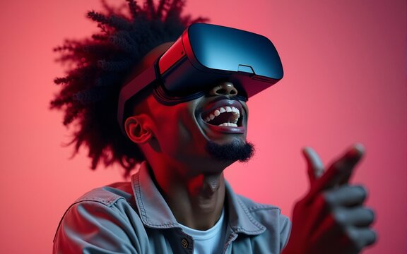 Amazed by metavrse excited young african american man, wearing high tech smart vr goggles. High quality