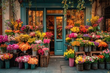 Obraz premium A charming flower shop displays a vibrant array of colorful flowers in buckets outside a teal-painted entrance.