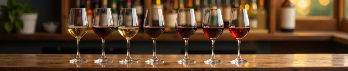 Various wine glasses neatly arranged on wooden table, rustic, table