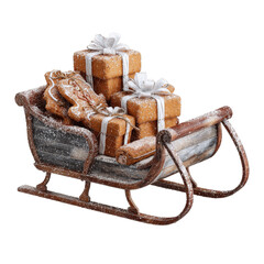 Rustic Wooden Sleigh Overflowing with Christmas Gifts and Gingerbread Cookies