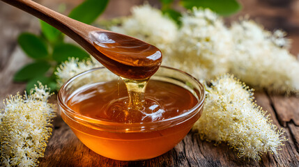Delicious organic honey dripping from wooden spoon into a glass bowl with flowers
