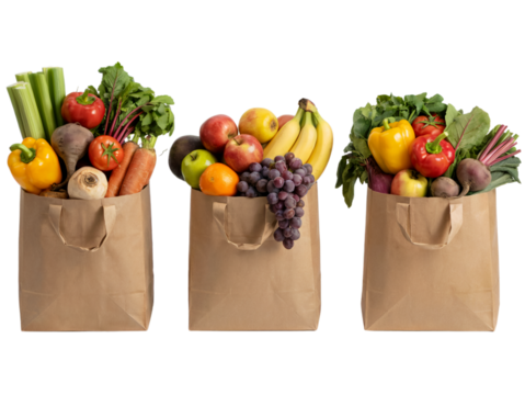 Fresh produce grocery shopping bags full of colorful fruits and on transparent background