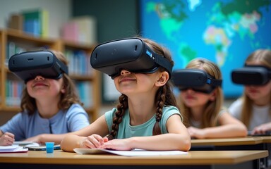 Children in classroom wearing VR headsets. Girls explore digital world. Virtual reality learning, fun, interactive science experiment, innovation for education. Future class with modern tech.