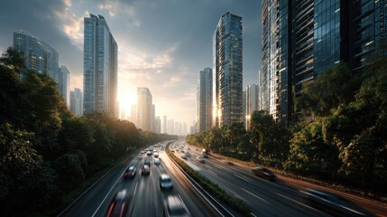 Obraz premium A bustling city highway flanked by modern skyscrapers and lush greenery, captured during sunset with dynamic light and motion blur on vehicles.