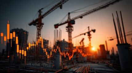 A construction site at sunset with cranes silhouetted against the sky, overlaid with a glowing stock market candlestick chart.