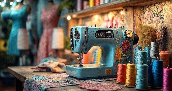 Vintage sewing machine with colorful threads and fabric on a wooden table.