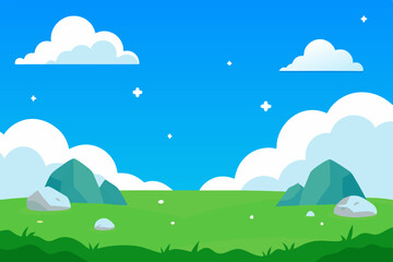 Obraz premium Serene Summer Landscape Green Meadow, Blue Sky, and Fluffy Clouds Illustration