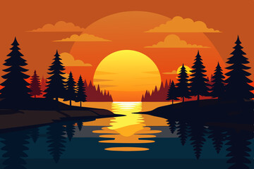 Golden sun over calm lake water reflects the beautiful landscape of trees and clouds at sunrise or sunset