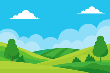 Obraz premium A vibrant summer landscape illustrates a serene meadow with a bench under a clear blue sky and fluffy clouds