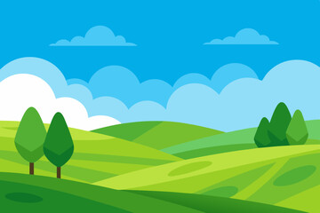 Obraz premium A vibrant summer landscape illustrates a serene meadow with a bench under a clear blue sky and fluffy clouds