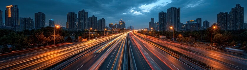 Fototapeta premium A nighttime cityscape with skyscrapers and highways, showing vibrant light trails from moving vehicles under a dramatic cloudy sky.
