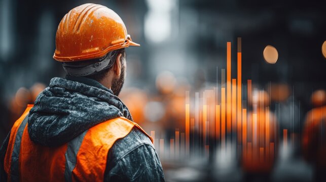 A construction worker wearing an orange helmet and vest observes a digital financial graph overlay in a blurred industrial environment.