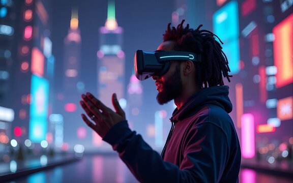 African American man wearing VR glasses uses NFT interface in virtual cyberspace metaverse space. High quality