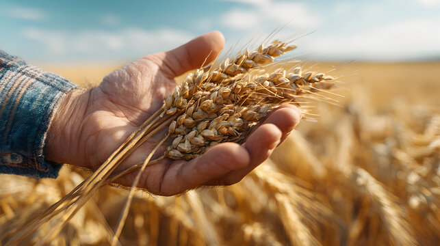 Farmer holding wheat ears showcasing a bountiful harvest in the golden field of grain
