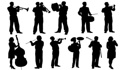 “Minimalist silhouette illustration of musicians with trumpets, violins, and drums, arranged in a clean, balanced grid, with consistent styling and no individual expression or detail.”