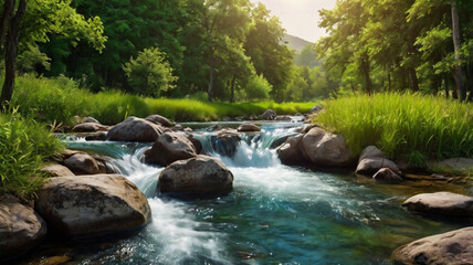 Sunset over the mountain river in the Altai mountains