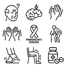 Fototapeta premium A set of doodle line icons representing Parkinson’s disease symptoms like tremors, mobility issues, brain disorder, elderly care, and medication
