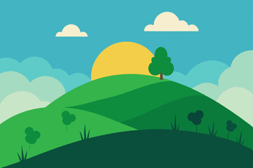 Vector cartoon summer landscape with green mountains, hills, trees, and blue sky with clouds