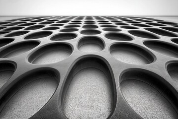 Abstract architectural facade, patterned with interconnected,  organic, oval-shaped cavities, creating a three-dimensional grid.  Perspective view