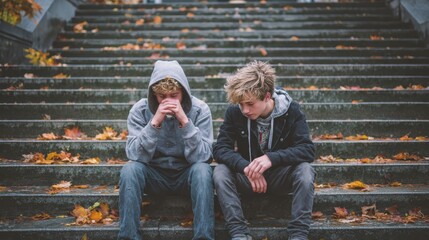 Two young men sitting on a staircase, one of them wearing a hoodie