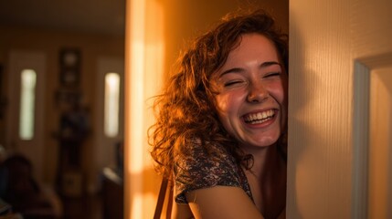Woman with curly hair is smiling