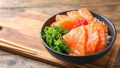 bowl with delicious sashimi on wooden table 