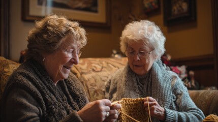 Two women are sitting on a couch, knitting