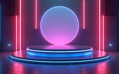 3d illustration rendering of technology futuristic cyberpunk display, gaming scifi stage pedestal background, gamer banner sign of neon glow stand podium for product. High quality
