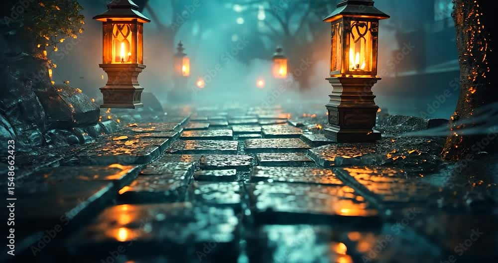 Poster cobweb-draped path at night, illuminated by glowing lanterns.