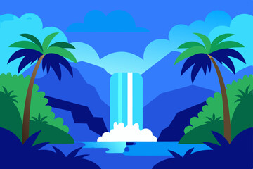 Obraz premium Serene Waterfall Landscape Tropical Paradise Illustration