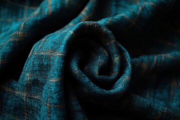 Textured teal and brown plaid fabric, intricately folded into a swirling pattern